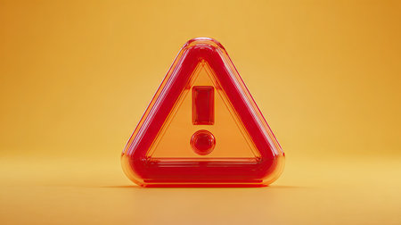 A close-up view presents a transparent red warning sign, composed of a triangle and an exclamation mark. The sign is set against a vibrant yellow background, creating high contrast. The image uses soft lighting to emphasize the sign's glossy texture. Suitable for various projects needing visual communication of risk or danger.の素材