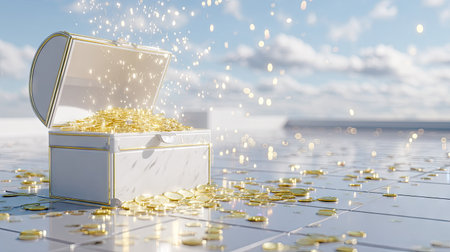 An open treasure chest is filled with gold coins, sparkling in the light. The scene features a white chest with gold trim, set against a backdrop of a bright blue sky and scattered light. This image could be used for various commercial projects related to wealth, finance, or fortune.の素材