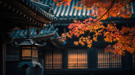 This image features traditional Japanese architecture, with a focus on a decorative lantern and autumn foliage. The composition uses a shallow depth of field, with the focus on the vibrant red and orange leaves. The lighting suggests an outdoor scene, and the image could be used for cultural or travel-related purposes.の素材