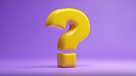 A vibrant yellow question mark, rendered in 3D, is suspended against a soft purple backdrop. The image utilizes smooth textures and highlights creating a sense of volume. The composition uses a single subject against a plain background, making it suitable for a variety of visual applications.の素材
