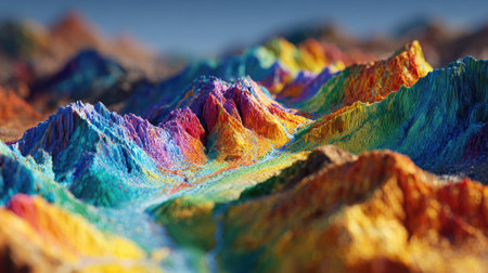 An abstract image portrays a landscape of colorful mountains. The visual characteristics include a vibrant palette of rainbow hues and a textured appearance suggesting a dynamic, digital painting style. The lighting appears soft and diffused. This image could be suitable for various uses, including design and creative projects.の素材