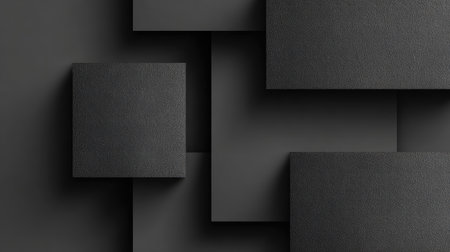 This image presents an abstract composition featuring multiple black squares arranged in a layered fashion. The stark contrast and minimalist design highlight the interplay of geometric forms. The monochrome palette and precise arrangement suggest a sense of order. Suitable for a range of creative projects, including editorial content and design concepts.の素材