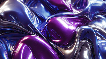 This image presents abstract forms with flowing metallic surfaces. The dominant colors are shades of blue and purple with areas of reflective highlights. The composition appears digitally created, featuring smooth textures and a sense of dynamic movement. Ideal for commercial applications, including graphic design and visual projects.の素材
