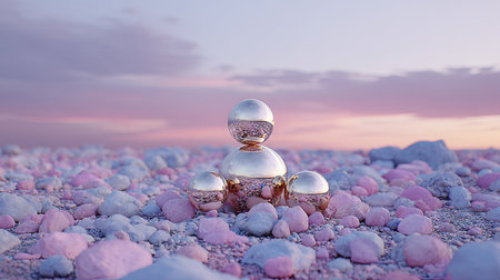 An abstract composition features a central stack of metallic spheres set against a textured, rocky ground. Pastel colors of pink and blue dominate the scene, enhanced by soft lighting that suggests an outdoor setting. This surreal image could be suitable for various commercial or editorial applications.の素材