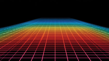 This graphic displays a vibrant grid, colored with a rainbow spectrum against a solid black backdrop. The composition suggests perspective, with parallel lines converging. This visual could be utilized in various commercial and editorial applications to convey themes of technology or design, and the use of color.の素材
