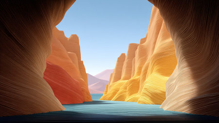 This digital illustration depicts a canyon with warm-toned rock formations and a tranquil body of water. The composition features a symmetrical arrangement, with sunlight creating depth and shadow. Suitable for various creative projects, this image could be used for editorial purposes or design backgrounds.の素材