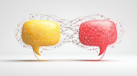 This image presents two speech bubbles connected by network lines, one yellow and one red. The objects are set against a neutral background. The visual style uses a 3D rendering with a focus on light and shadow, indicating a studio environment. The image is suitable for use in various commercial and editorial projects related to technology.の素材