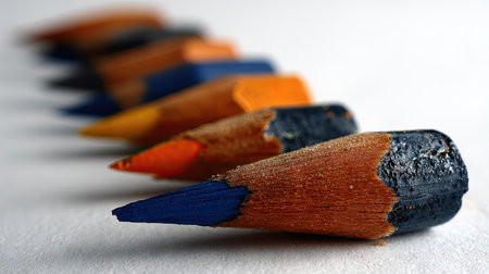 This image showcases a row of colored pencils, each displaying a different hue. The wooden bodies contrast with the vibrant tips, creating a dynamic composition. The focus is sharp on the foreground pencil, with a soft blur effect on the others, suggesting depth. Suitable for educational or creative projects, it provides a visual representation of art supplies.の素材