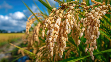 This image showcases a close-up view of ripe rice grains. The golden yellow hue of the grains contrasts with green stalks. The composition includes a blurred blue sky background. This image could be used for various commercial purposes related to agriculture, food, or natural resources.の素材