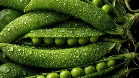 This macro photograph showcases vibrant green peas inside their pods, with water droplets glistening on the surfaces. The close-up view highlights the texture and detail of the fresh produce, against a dark background, creating a visually appealing composition. Suitable for use in culinary, health, or food-related commercial projects.の素材