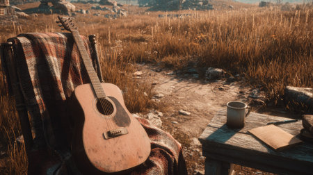An acoustic guitar rests on a chair draped with a blanket, placed outdoors. The scene features a table with a mug and papers, suggesting a moment of rest. Warm tones dominate, reflecting natural sunlight on the scene. Suitable for creative projects, this image could be used for various editorial and commercial purposes.の素材