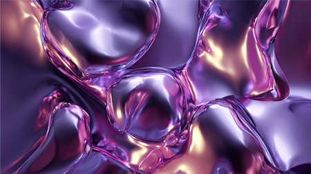 This digital artwork presents flowing, amorphous forms in shades of purple and gold. The composition features reflective surfaces, creating dynamic light play and textures. The imagery suggests a fluid substance, possibly a simulated liquid. Suitable for use in design projects, this image could enhance various marketing and editorial applications.の素材