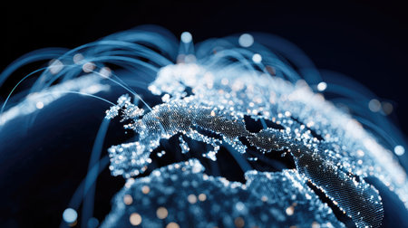 An artistic depiction presents planet Earth with connecting lines, suggestive of a global network. The dark backdrop contrasts with bright lines, creating a sense of movement. Suitable for commercial projects involving concepts of communication, technology, and global connectivity, this image is visually dynamic.の素材