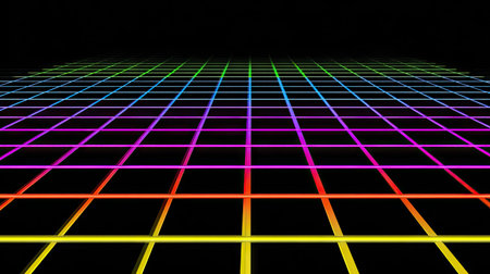 A vibrant digital artwork displays a neon grid against a dark background, creating a sense of depth. The composition features a perspective view with colorful lines, showcasing a clean and modern design. Suitable for various applications, this image could be used for design projects and commercial purposes.の素材