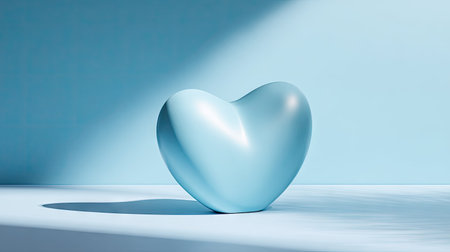 A light blue heart sculpture rests against a matching blue background. The artwork's smooth surface reflects soft lighting and shadows, suggesting an indoor setting. This image showcases a minimalist aesthetic, suitable for various design projects and commercial applications requiring a clean, modern style.の素材