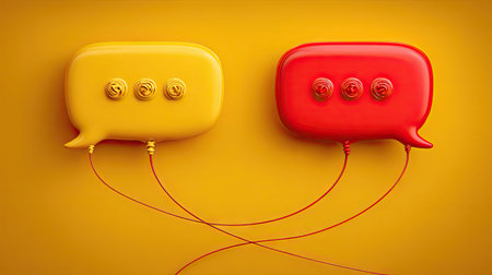 Two stylized speech bubbles, one yellow, one red, are presented against a solid yellow backdrop. The bubbles each contain three small icons. The composition utilizes vibrant colors and smooth textures, with subtle lighting suggesting a studio setting. This imagery could serve various design and communication related projects.の素材