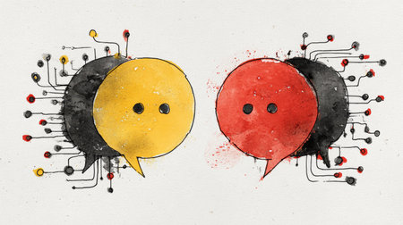 Two watercolor-style speech bubbles, one yellow and the other red, are depicted against a white backdrop. Each bubble is surrounded by a network of interconnected lines and dots suggesting digital communication. The composition utilizes vibrant colors and a clean, graphic style, suitable for various design applications and conceptual imagery.の素材