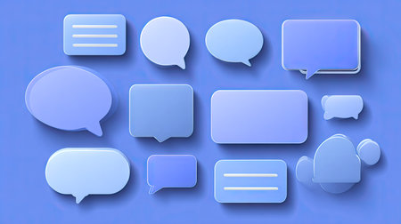 This illustration showcases an assortment of speech bubbles rendered in diverse shapes. They are presented in a gradient of blue hues, with a soft, rounded appearance. The composition is set against a complementary blue backdrop, and the images are suitable for use in design projects or communication-themed content.の素材