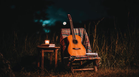 An acoustic guitar rests against a chair draped with a blanket, alongside a small table with a book and candle. The image has a warm, inviting feel, utilizing natural lighting against a dark background, suggesting an outdoor setting at dusk or night. Suitable for artistic, editorial, and commercial applications.の素材