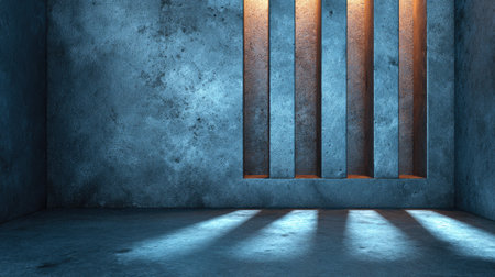 An interior space features textured concrete walls, illuminated by a warm light through vertical openings. Shadows cast across the floor create a geometric pattern. The scene evokes a sense of modern design with potential for creative backdrops or backgrounds in various commercial and editorial applications.の素材