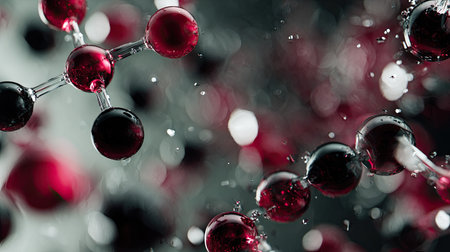 An artistic depiction presents a network of connected spheres in shades of red and black. The composition highlights a molecular structure, with a blurred background. This visual could be utilized for various scientific or educational contexts, as well as in designs requiring abstract elements.の素材