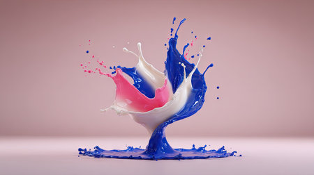 An artistic image presents a dynamic paint splash, showcasing a combination of blue, pink, and white. The fluid forms emerge from a central point, set against a soft, pinkish backdrop. This image utilizes vibrant colors and artistic composition for potential use in advertising or design projects.の素材