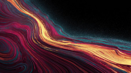 An abstract composition features flowing, wave-like patterns in vibrant hues. The artwork showcases a dynamic interplay of red, orange, and blue tones, suggesting fluid movement. The style appears contemporary, with textures and gradients creating depth. This design is suitable for various applications, including website backgrounds and marketing visuals.の素材