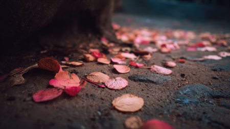 This image showcases scattered autumn leaves in various shades of red and orange on the ground. The low-angle perspective highlights the texture of the leaves and the surrounding environment. Soft natural light creates a warm atmosphere. Suitable for a range of commercial applications, it can be used to illustrate seasonal themes.の素材