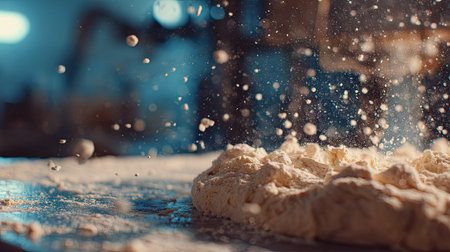 This image captures a close-up of flour being worked into dough. The composition features a shallow depth of field, with soft focus on the dough and flying particles. The scene is illuminated by subtle lighting, suggesting an indoor setting. This image could be used for culinary, food-related, or instructional purposes.の素材