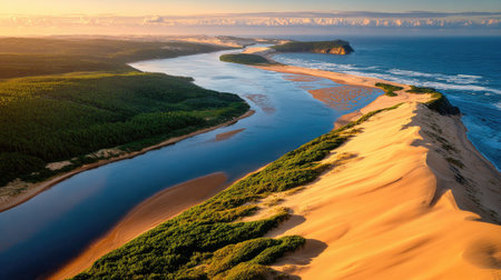 An aerial perspective captures a river's journey to the sea during golden hour. The image displays a landscape of water, sand dunes, and lush vegetation. Warm tones dominate, suggesting a sunset scene. This image could be used for various commercial or editorial projects needing a scenic backdrop.の素材