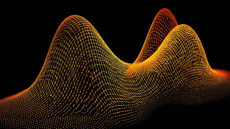 This image features an abstract design of interconnected dots forming waves. The pattern is rendered in a gradient of golden and orange hues against a black backdrop. The composition suggests depth and movement. It could be suitable for digital art, data visualization, or design projects, as well as editorial content.の素材