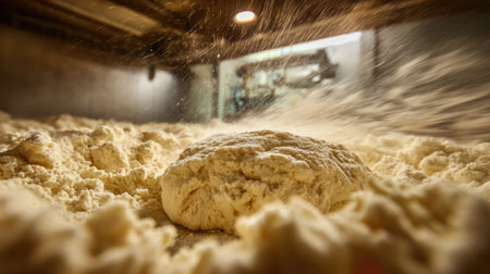 A close-up view presents a dough ball amidst a cloud of flour. The image captures the texture and shape of the dough with a warm color palette. Composition highlights the detail of the process. Suitable for illustrating culinary techniques and food-related themes for various purposes.の素材