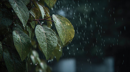 The image features a close-up of green leaves with visible water droplets, likely from rainfall. The composition highlights the texture and form of the foliage against a blurred backdrop. Soft lighting and a shallow depth of field create a tranquil atmosphere, suitable for various editorial and commercial applications.の素材