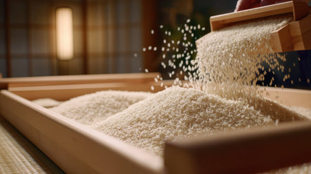 This image showcases the process of pouring rice grains into a wooden container. The scene is illuminated with soft lighting, highlighting the texture and color of the rice. The composition suggests a focused view. Potential uses include illustrations of food preparation, culinary practices, and stock imagery.の素材