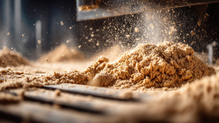 A detailed image reveals a pile of sawdust, likely from woodworking. Particles are suspended in air creating a dynamic visual. The composition utilizes shallow depth of field, with the focus on the texture and form of the wood dust. This image could be used for illustrations related to craftsmanship or design.の素材