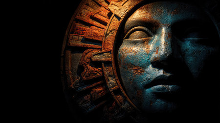 An aged sculpture of a sun deity is depicted, showcasing detailed carvings and a weathered texture. The artwork features a color palette of gold and turquoise, with dramatic lighting creating a contrast of light and shadow. It is suitable for artistic representations or educational purposes.の素材