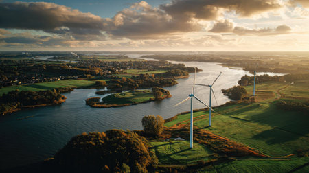 An aerial view presents wind turbines positioned on a grassy landscape next to a river. The composition highlights the structures amidst the natural scenery under a warm sunset. Sunlight illuminates the scene, enhancing textures and creating a vivid contrast. This image could be useful for illustrating concepts of sustainability and energy.の素材