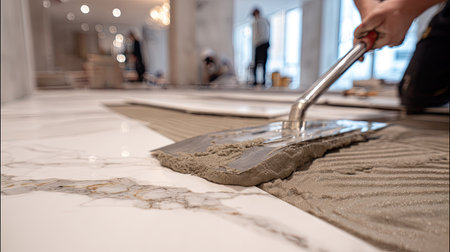 A close-up view depicts a worker applying mortar to the floor for tiling. The scene shows the application of the material to a section of the floor, showcasing a marble effect tile style and interior lighting, which suggests a modern design. The image has potential for illustrating home improvement or construction-related articles.の素材