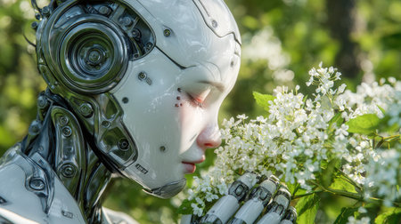 An android head delicately touches a sprig of white flowers. The image showcases the android's reflective, metallic surface against soft sunlight. The background presents an out-of-focus natural setting. This conceptual artwork could be used in various applications, including futuristic design or educational contexts.の素材