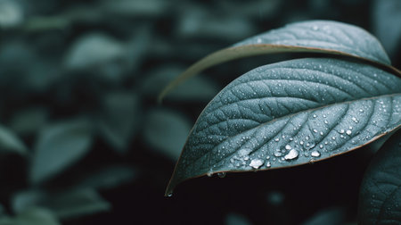 This image showcases a close-up view of a leaf with water droplets, set against a blurred background of green foliage. The leaves exhibit a textured surface, and the lighting highlights the details. This image is suitable for various applications, including editorial content, nature-themed designs, and use in marketing materials.の素材