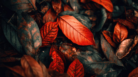 An overhead shot presents a collection of colorful leaves in various states of decay. Shades of red, orange, and brown dominate the scene. The composition utilizes natural lighting to highlight textures. This image can be used for projects related to seasonal change or environmental themes.の素材