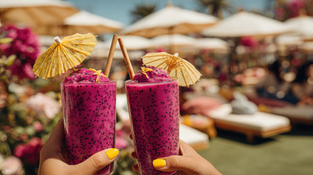 Two hands hold glasses filled with purple smoothies, each topped with a small, yellow umbrella. The image features a shallow depth of field, with soft sunlight illuminating the scene. The composition includes blurred backgrounds, suggesting a relaxed outdoor environment. This image could be suitable for food and beverage marketing materials or lifestyle publications.の素材