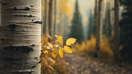 An image captures an autumnal forest, highlighting aspen trees with textured bark and vibrant yellow leaves. The composition employs a shallow depth of field, with soft sunlight filtering through the trees, creating a warm and inviting atmosphere. Ideal for illustrating seasonal changes, natural beauty, and environmental themes. It's suitable for various commercial uses.の素材