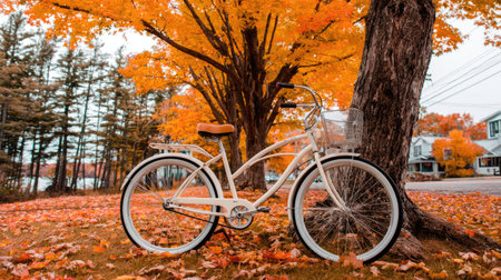 A white bicycle rests beside a large tree during autumn. The image showcases the bicycle and the tree with their vibrant foliage. The composition uses natural lighting, highlighting the colors of the season. This image is suitable for various commercial uses, including advertising and editorial content.の素材