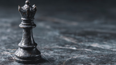 A close-up captures a black queen chess piece against a dark, textured background. The piece is highly detailed with a metallic sheen. The composition is simple, emphasizing the single object. It may be suitable for use in concepts related to strategy, competition, or game design, offering versatile applications.の素材
