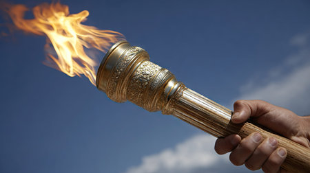 A hand holds a burning torch against a backdrop of a partly cloudy sky. The flame is bright orange and yellow, emanating from the top of the metal torch. The composition features soft lighting and focuses on the dynamic contrast between the fire and the sky, suitable for editorial and commercial applications.の素材