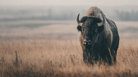 A large bison stands in a field of dry grass, its dark fur contrasting with the muted tones of the landscape. The animal's horns are visible. The composition focuses on the subject in a natural setting, evoking a sense of the wild. Suitable for environmental or wildlife-related content.の素材