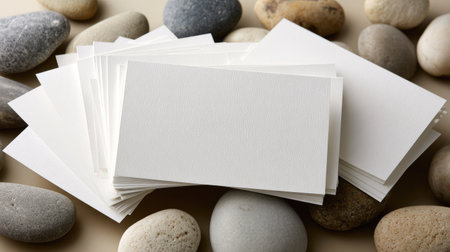 A close-up captures a stack of blank white cards fanned out near an assortment of smooth, gray and brown stones. The composition uses neutral tones, with soft lighting enhancing the texture of the paper and the rocks. Suitable for projects requiring copy space or representing concepts such as invitation or announcement.の素材