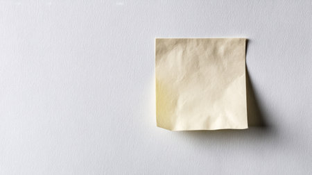 A single, crumpled yellow sticky note is positioned against a clean, white background. The paper exhibits a textured appearance. The composition employs overhead lighting and a minimalistic style. This image is suitable for use in business presentations, web design, or editorial content requiring a focus on communication.の素材
