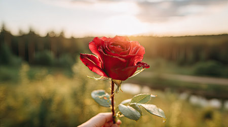 A close-up captures a hand holding a single, lush red rose. The flower displays rich texture and color against a blurred green backdrop. Warm sunlight bathes the scene, suggesting an outdoor environment. This image could be used for various purposes, including promotional materials or artistic projects.の素材